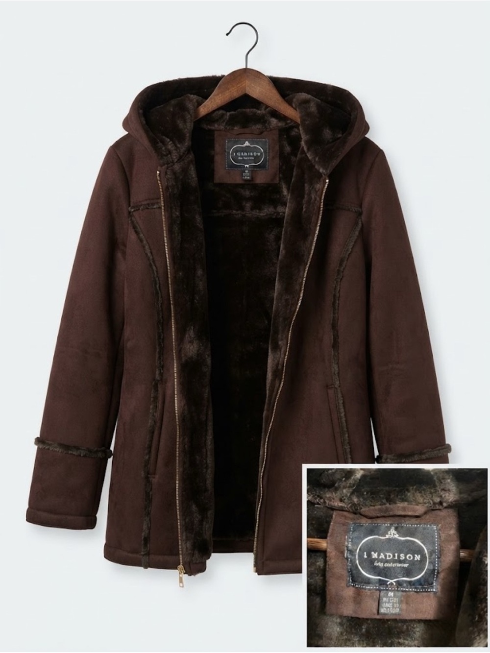 Madison Hooded Teddy Shearling Coat - Dark Brown